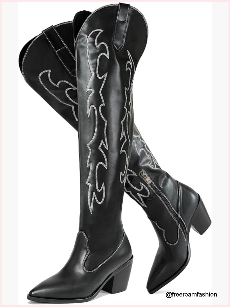 Embroidery Thigh High Cowboy Boots Over Knee Chunky Heel Pu Leather